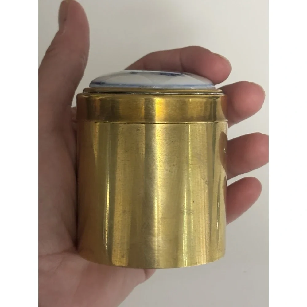 Round Brass Container with Removable Ceramic Painted Chinoiserie 2 Cranes Lid